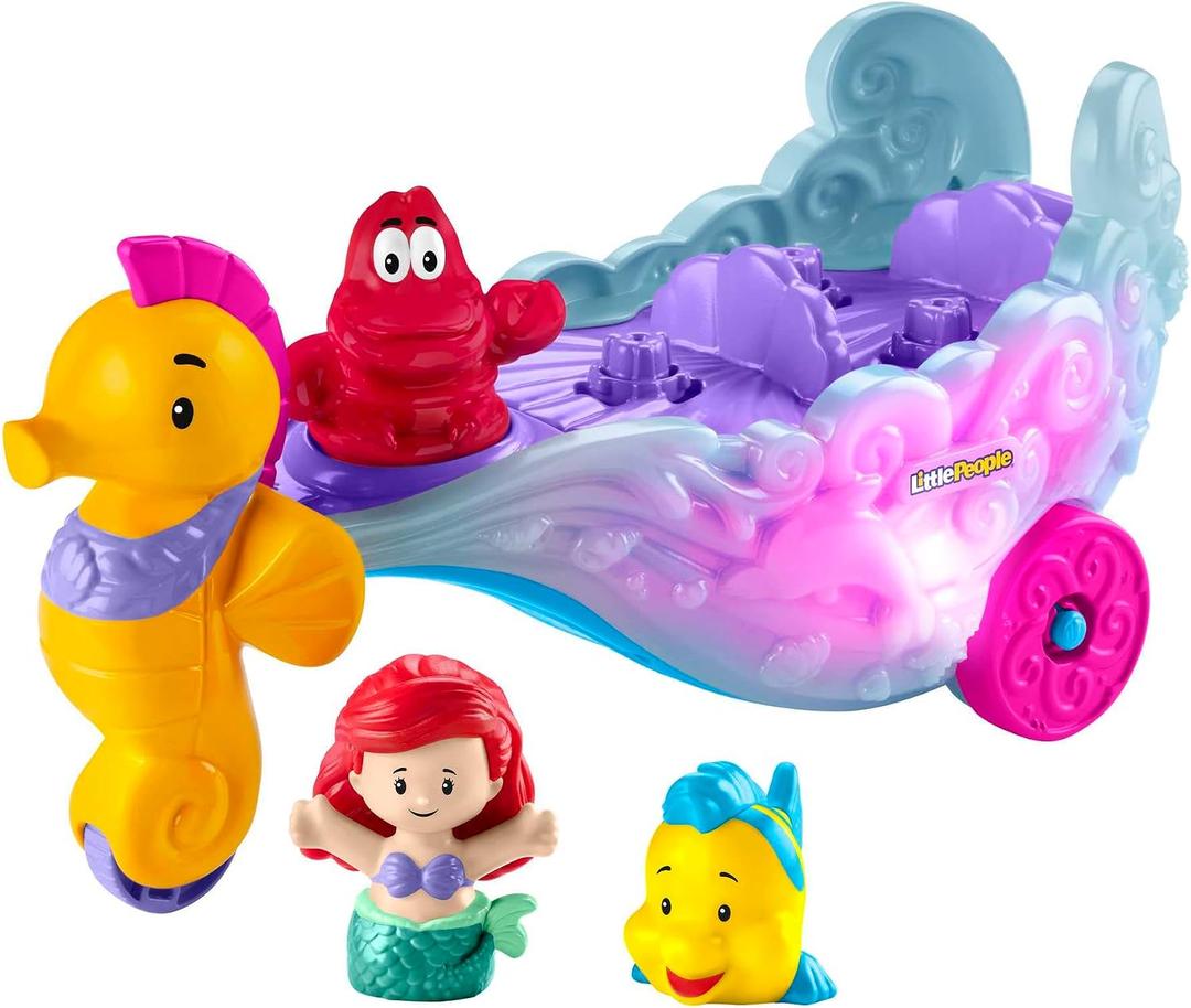 Fisher-Price Little People Toddler Toy Disney Princess Ariel's Light-Up Sea Carriage Musical Vehicle for Pretend Play Ages 18+ Months, Small