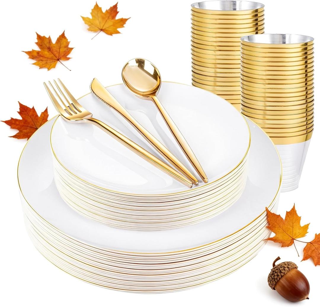 bUCLA 150PCS White and Gold Plastic Plates Disposable - 25 Guests Gold Dinnerware Set - Include 25 Each (Dinner & Dessert) Plates, 25 Knives, 25 Forks, 25 Spoons & 25 Cups for Party & Thanksgiving