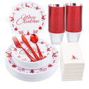 Liacere 175PCS Red and White Disposable Christmas Plastic Plates - Include 25 Dessert Plate, 25 Dinner Plates, 25 Knives, 25 Spoons, 25 Forks, 25 Cups, 25 Napkins for Christmas Party