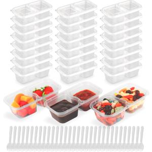 24 Set Double Compartment Snack Containers with Lids and Spoons, Reusable Snack Packs 2 Compartments, BPA-Free Snack Containers for Picnics, Lunches, Microwave Safe