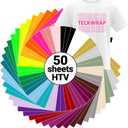 TECKWRAP HTV Heat Transfer Vinyl Bundle: 50 Pack 12"x10" PU Iron On Vinyl Sheets, 24 Assorted Colors for T-Shirts. Compatible with All Cutters & Heat Press Machines. Easy to Cut & Weed