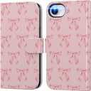 DEENAKIN for iPhone 16e Wallet Case with Card Holder + Cash Clip, RFID-Blocking, Military-Grade Drop Protection & UV-Printed Artwork, Magnetic Closure with Leather Kickstand - Cute Pink Bow