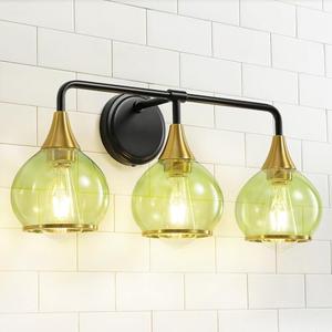 HAHZT Black and Gold Bathroom Vanity Light 3-Lights Bathroom Light Fixtures Over Mirror with Green Clear Glass Shade 22.4 inch Wall Sconce Lighting Bath(Exclude E26 Bulb)
