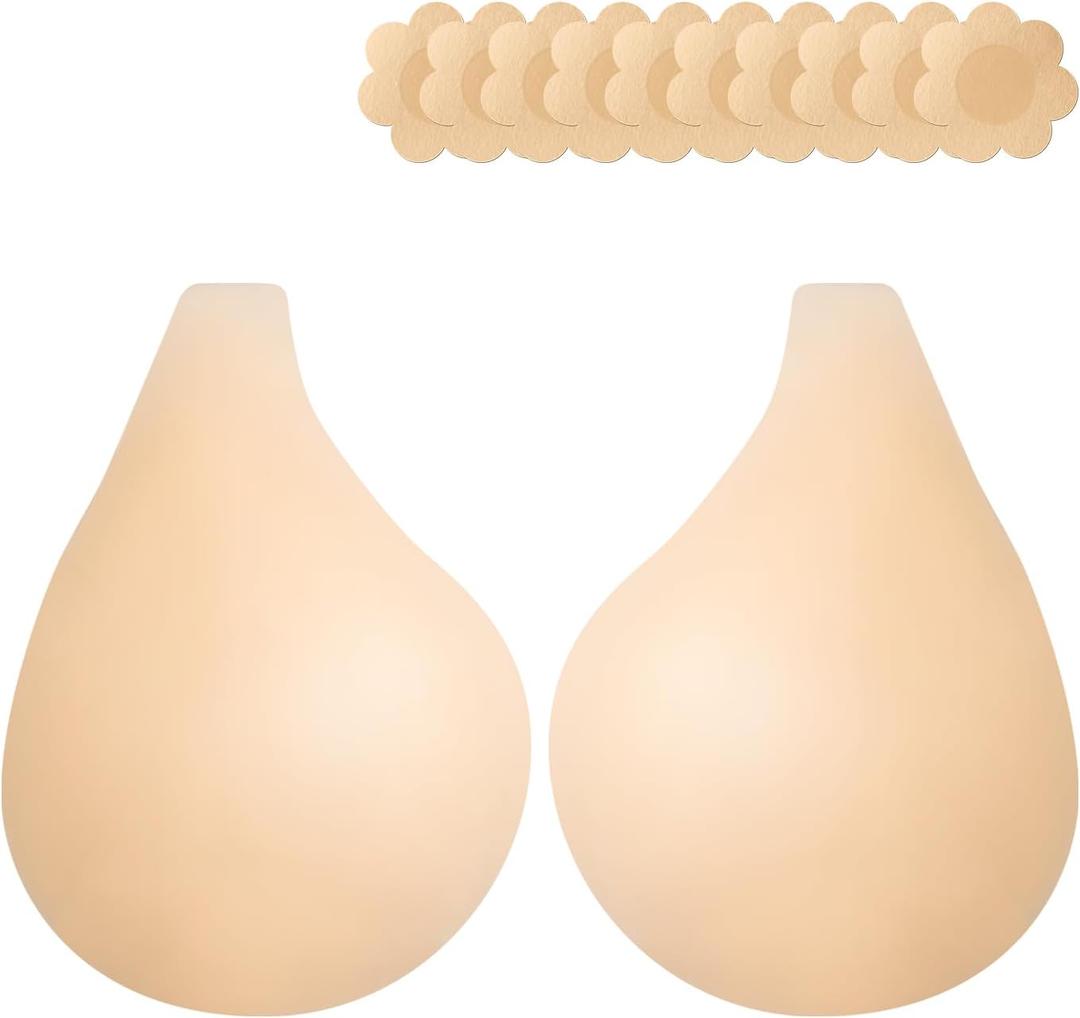 Adhesive Bra  Invisible Lift & Push-Up Sticky Bra for Backless Dresses, Reusable Silicone Nipple Covers Beige