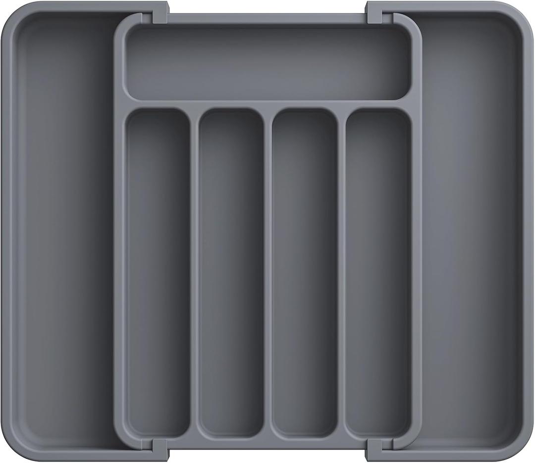 Aujen Silverware Organizer - Expandable Kitchen Drawer Organizer, Adjustable Utensil Organizer, Cutlery Tray for Forks, Knives, Multipurpose Kitchen Organizers and Storage Solution, Grey, Medium