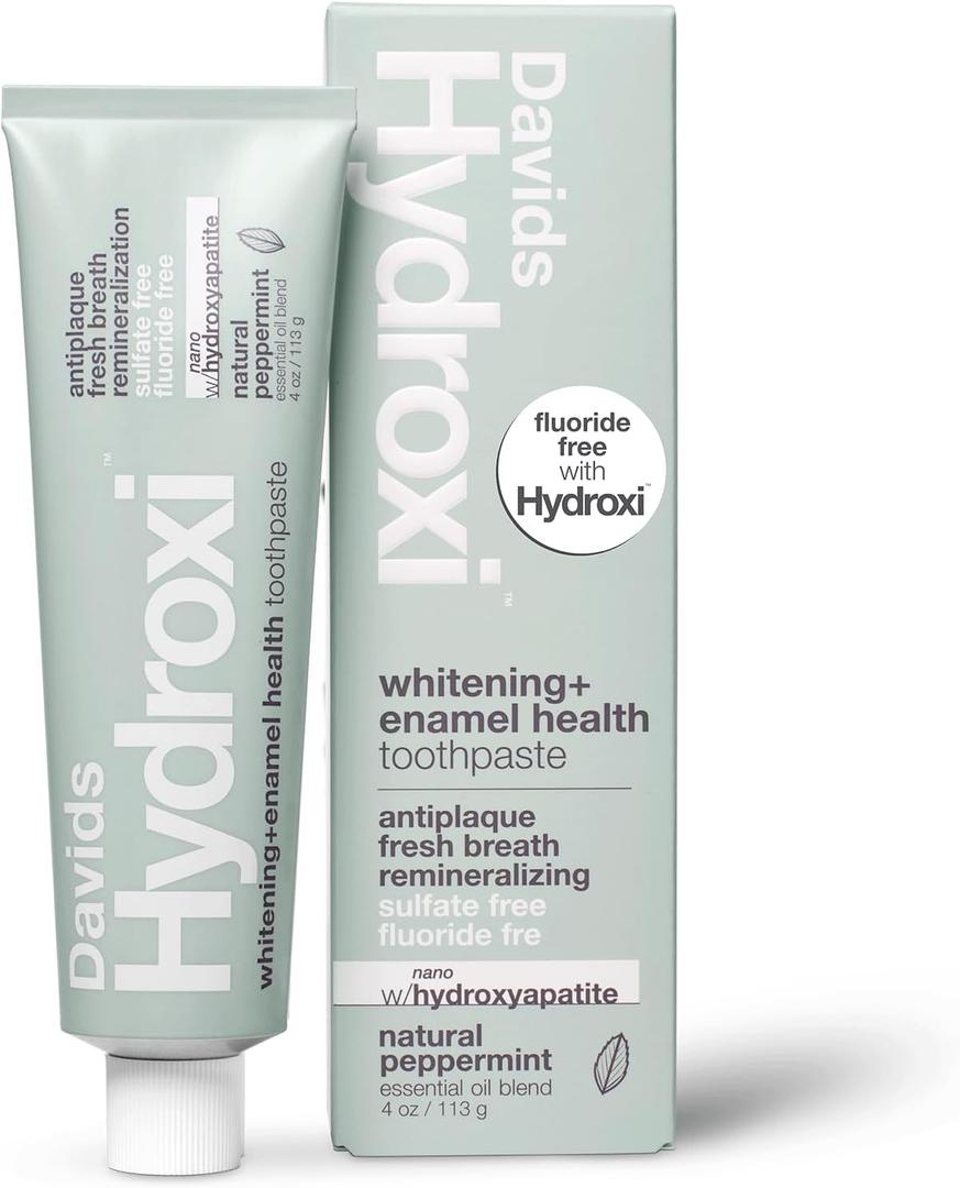 Davids Hydroxi Fluoride Free Nano Hydroxyapatite Whitening + Enamel Health Toothpaste, Antiplaque, Fresh Breath, Remineralizing, SLS Free, Natural Peppermint, 4 oz, Made in USA (4 Ounce (Pack of 1))