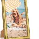 Wood 7x10 Frame Gold, Ornate Natural Wooden 10x7in Picture Frames, Modern Golden 7 x 10inch Gallery Photo Pic Frame with HD Plexiglass, Horizontal Vertical Wall Mounting Tabletop Display 1Pcs