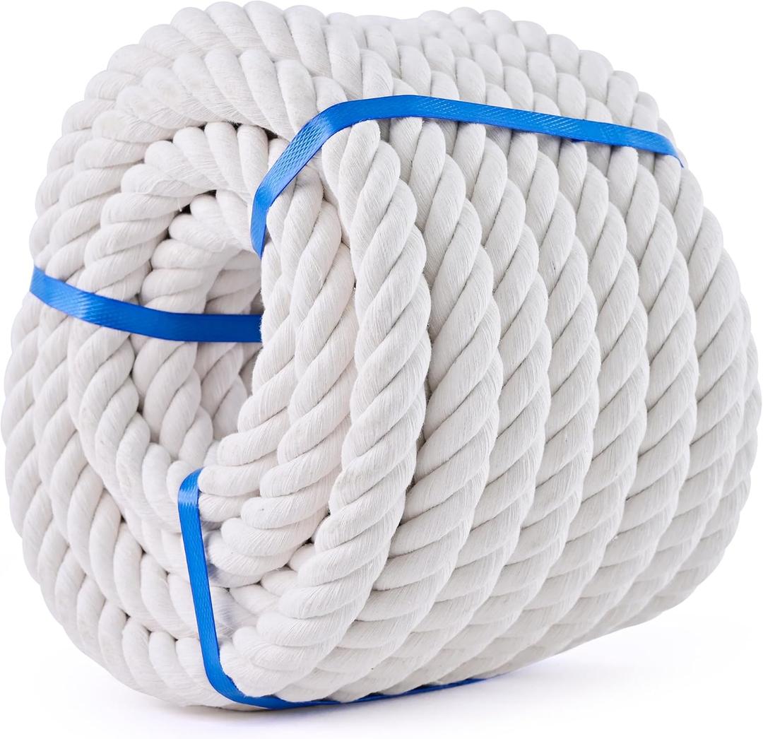 White Cotton Rope 1in 50ft Natural Twisted, Use for Tug of War, Navigation, Fitness and Making Handicrafts, etc