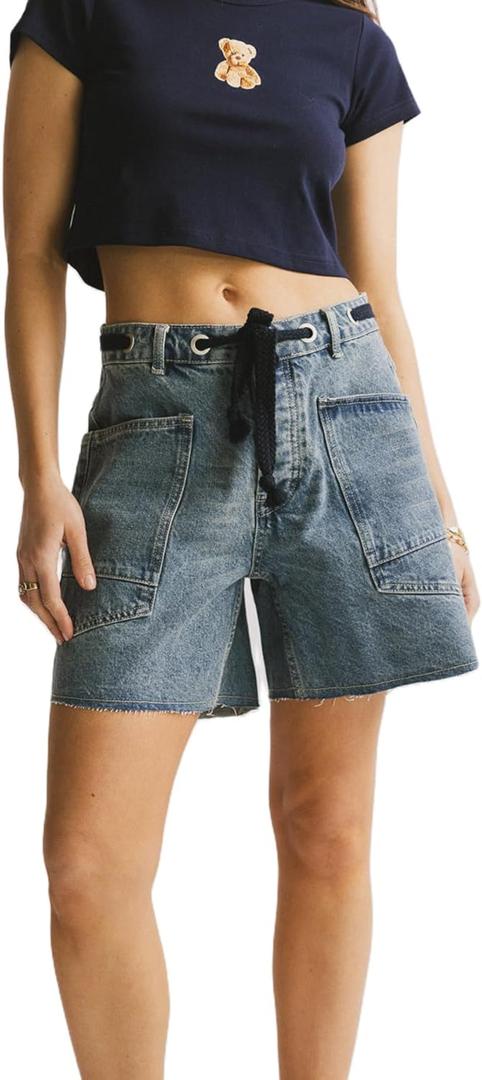 Jean Shorts Womens Drawstring Low Waist Wide Leg Denim Shorts Y2k Summer Jorts with Pockets (Blue, S)