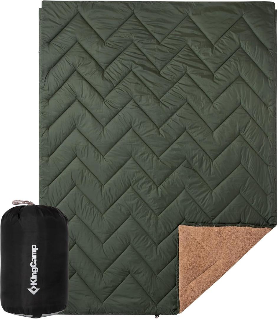 KingCamp Large Camping Blanket with Sherpa Lining, Packable Down Alternative Puffy Printed Wearable Blanket with Snap Buttons, Warm Weatherproof Quilt for Outdoor Travel (79" L x 57" W, Khaki/Olive)