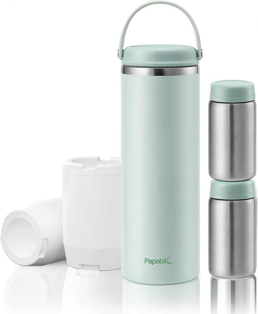Papablic Innovative 360 CapsuleChill Breastmilk Cooler for 36H Safe Storage, 20oz Stress-Free Portable Breast Milk Chiller with 2pcs Stainless Steel Baby Bottles for Work & Travel, Mint Green