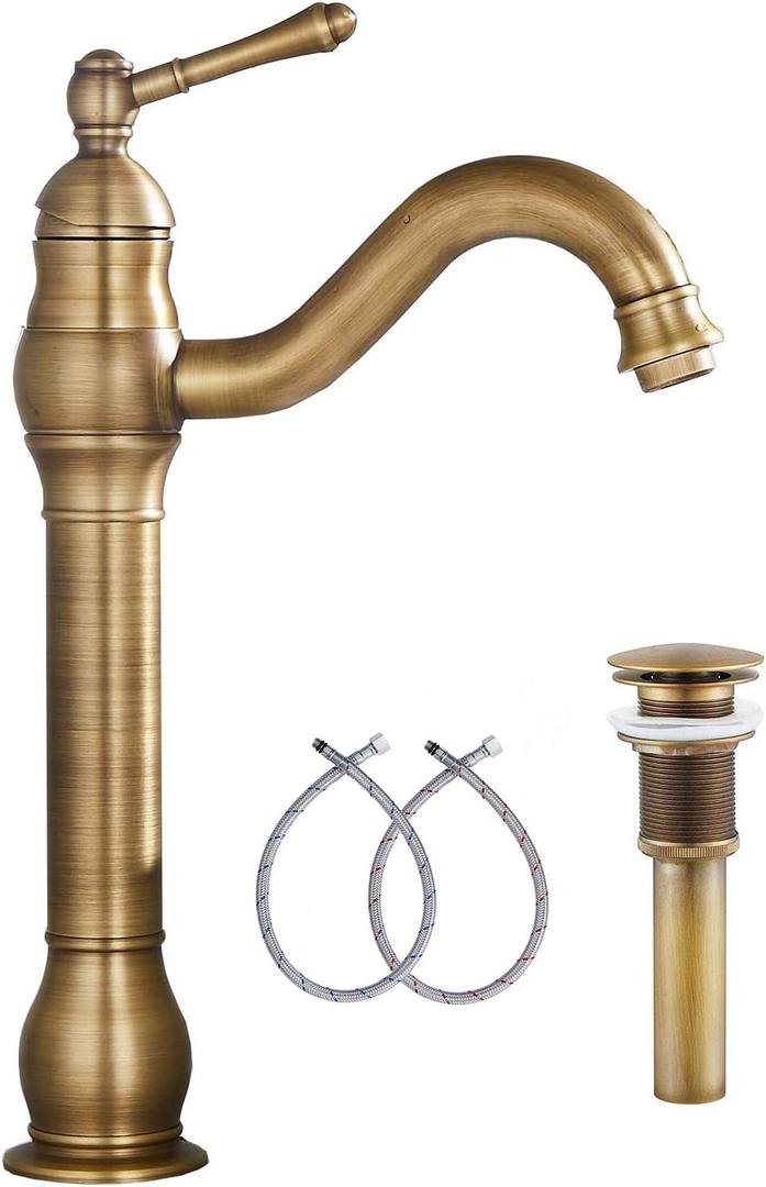 360 Swivel Antique Brass Bathroom Vessel Sink Faucet Single Handle One Hole Matching with Pop Up Drain