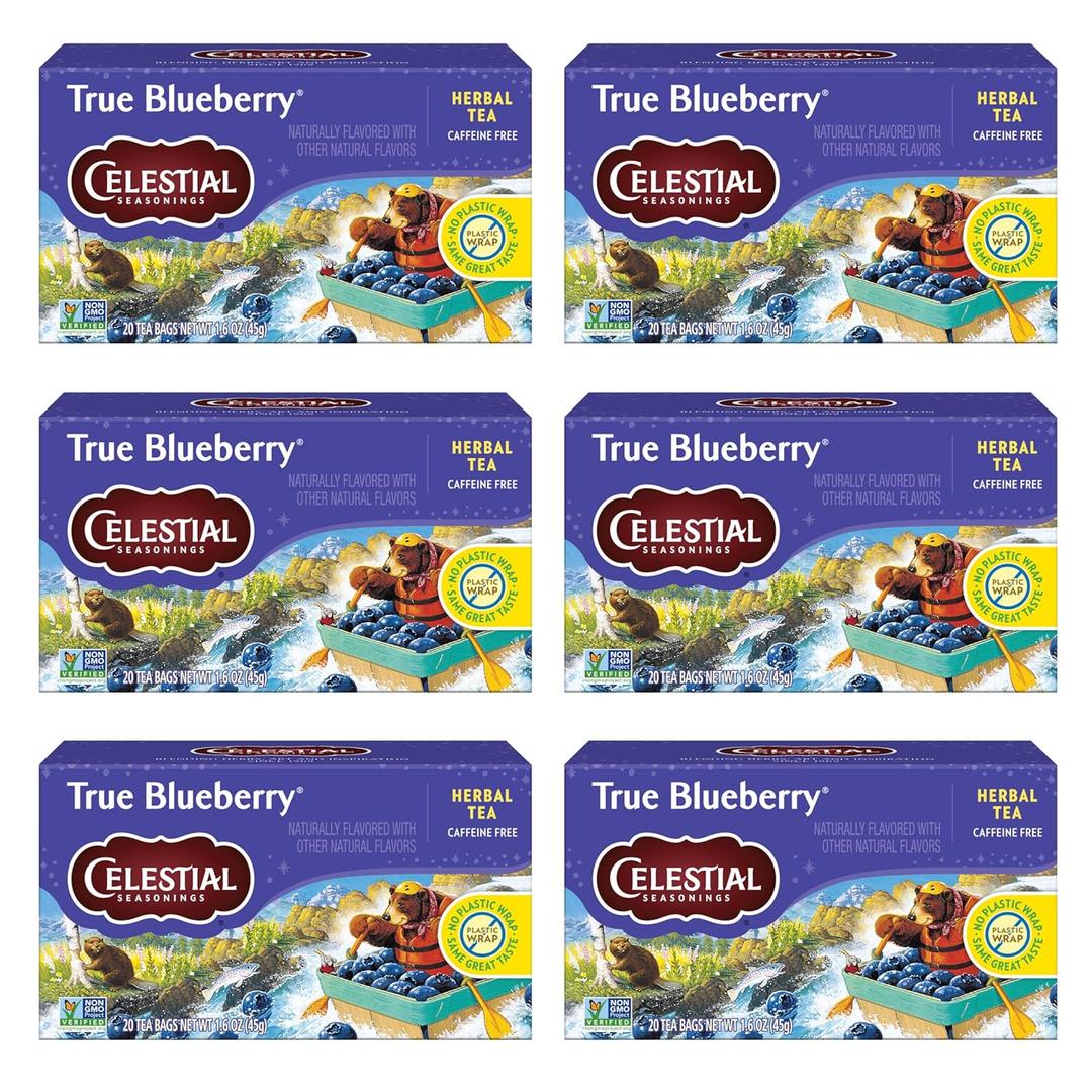 Celestial Seasonings True Blueberry Herbal Tea Bags, Caffeine Free, 20 Bags Box (Pack of 6)