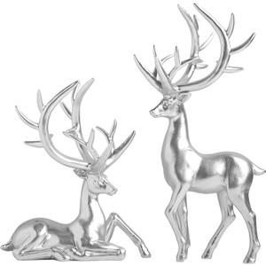 2PCS Christmas Reindeer Resin Sculptures Deer Ornaments Reindeer Statues Light Luxury Casual Shape Suitable for Indoor or Outdoor Country Style Christmas Home Decoration (Silver)