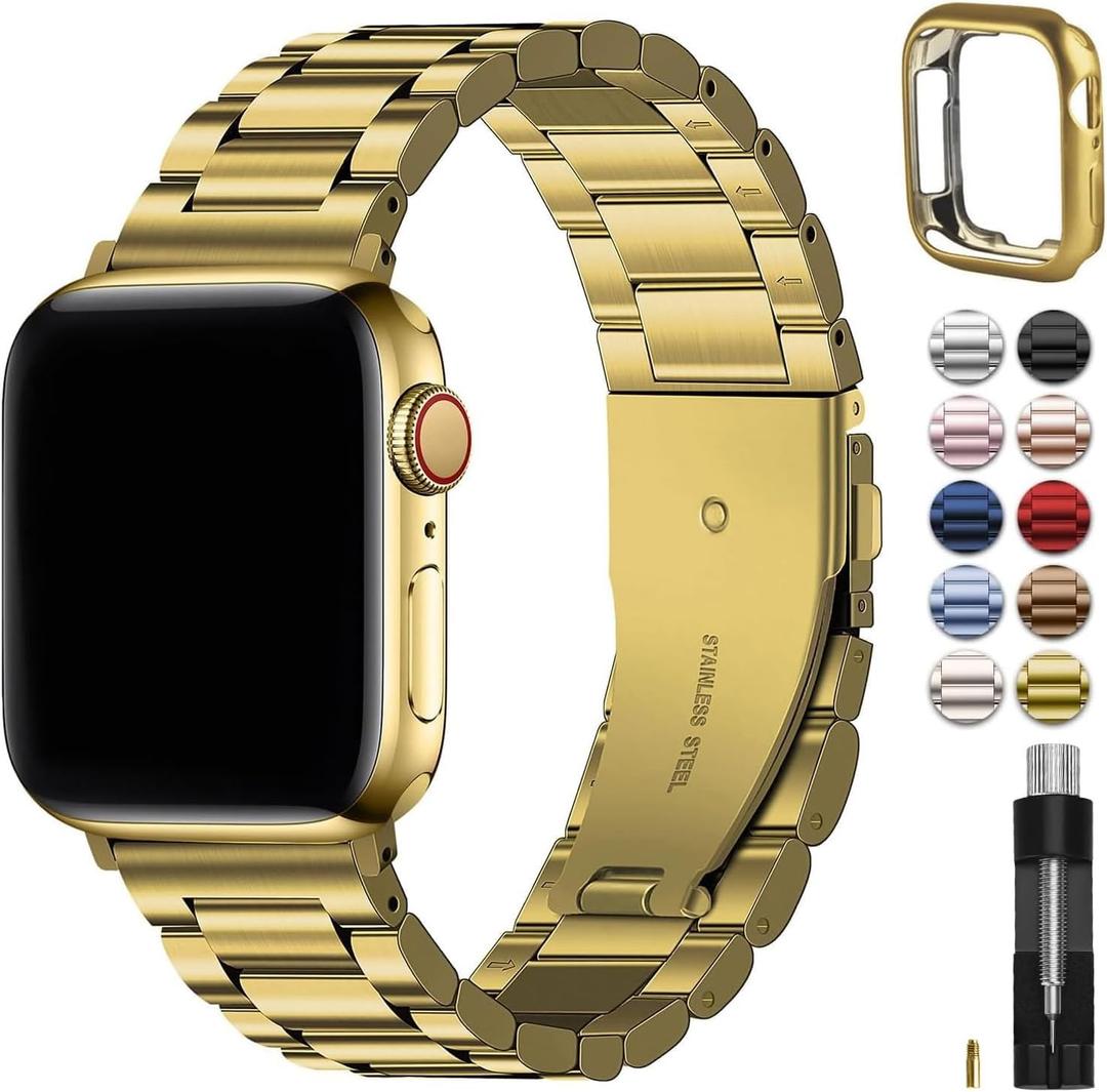 Fullmosa Metal Band Compatible with Apple Watch Bands 45mm 44mm 42mm, iWatch Band with Case for Apple Watch Series 9 8 7 6 5 4 3 2 1 SE3/2/1, Golden