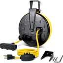 30 Ft Retractable Extension Cord Reel, 16/3 SJTW Power Cord with 3 Electrical Outlets and 10 Amp Circuit Breaker, Ceiling or Wall Mount, Metal Plate, UL Listed, Yellow