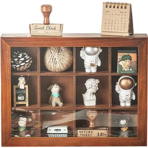 Mini Clear Display Wood Cabinet with 12 Slots - 10" x 15.5" Collectibles Display Case - Wooden Floating Shelves for Display & Home Decor - Vintage Style Wood Cubby Shelf with Front Clear Cover