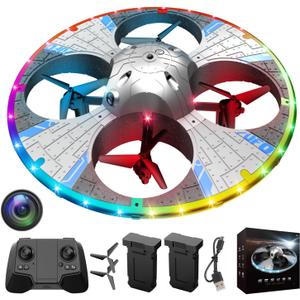 Round Foam RC UFO Drone with Camera, Multi-Color LED Lights (Color Switching), 360 Flips, Speed Adjustment, Remote Control Plane Helicopter, One-Key Takeoff/Landing, Beginner-Friendly FPV Quadcopter Airplane (Silvery)