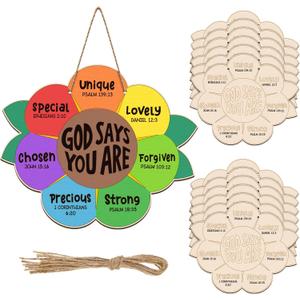12 Sets Sunday School Craft for Kids God Says You are Sunflower Craft Christian Wooden Painting DIY Activities Religious Bible Sunflower Gifts with String for Sunday School Church Home