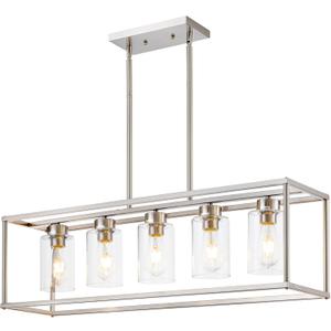 5 Light Dining Room Light Fixture Rectangular Modern Farmhouse Chandelier Brushed Nickel Linear Hanging Pendant Lighting Rectangle for Kitchen Living Room Adjustable Height with Glass Shade