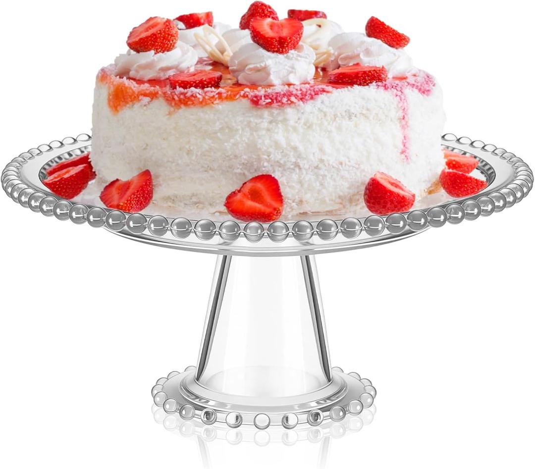 Wenqik 10 Inch Beaded Glass Cake Stand Vintage Clear Cake Stand Cakes Serving Platters Footed Dessert Plate Display Desserts Holder Fruit Serving Tray Display Accessories for Wedding Party Supplies