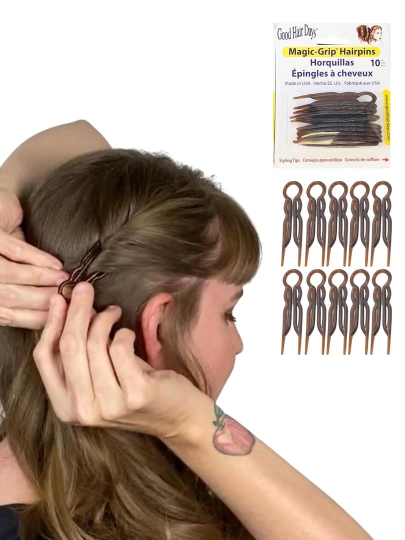 Good Hair Days Magic-Grip Hairpins - 2 1/2" U-Shaped Grip Hair Pins for Fine, Thick, Curly & Long Hair, Invisible Strong Hold Hair Styling Accessories, Set of 10, USA-Made (Tortoise Shell)