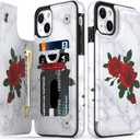 LETO for iPhone 13 Mini Case,Flip Folio Leather Wallet Cover with Fashion Flower Designs for Girls Women,Built-in Card Slots Kickstand Protective Shell Roses and Marble