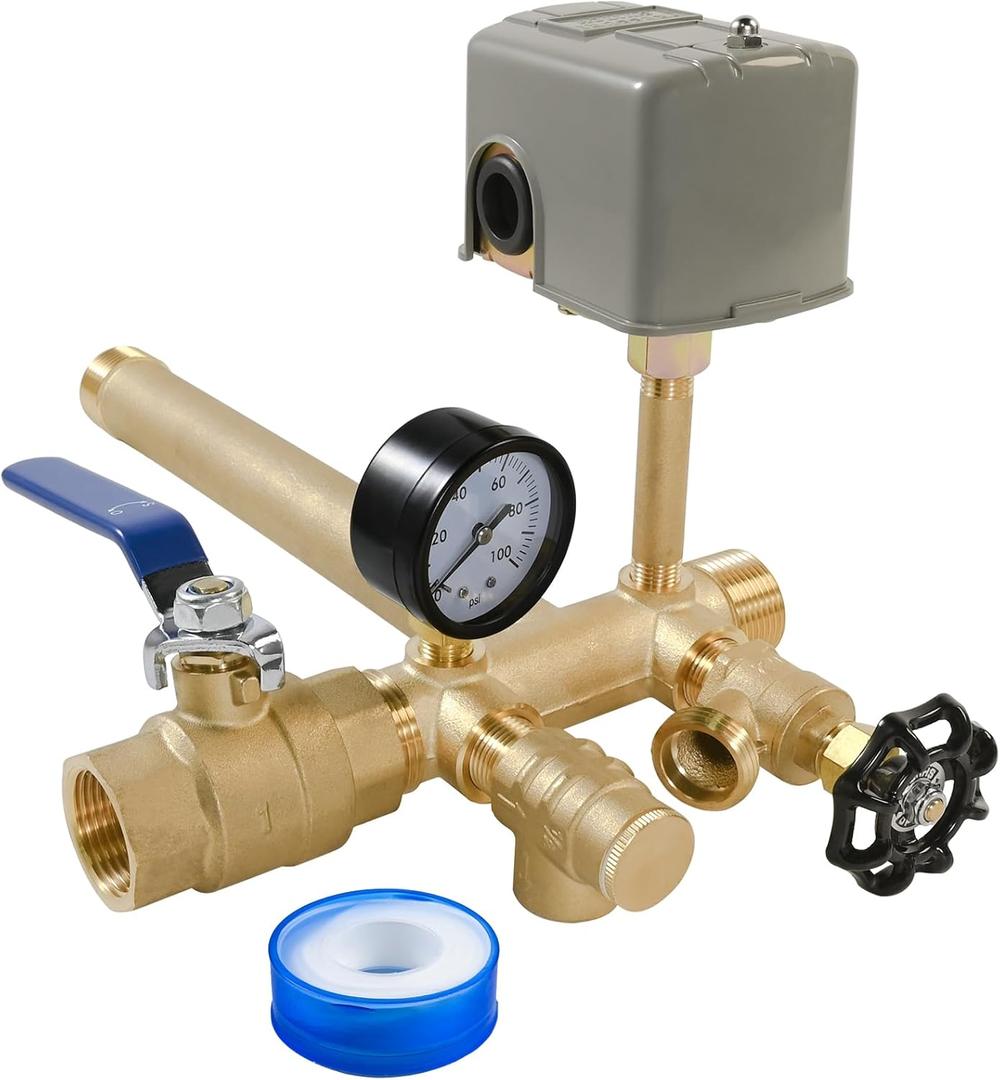 1"x 11"Well Pressure Tank Tee Kit for Water Well Pressure Tank with 40-60Psi Pressure Switch, Brass Pressure Tank Installation Kit for Well Tank with Diameters Up to 16"