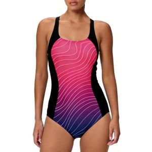 Halcurt Women's Athletic Swimsuit Adjustable Strap One Piece Swimsuit Racerback Bathing Suit (Large, Black Ombre Geometric)