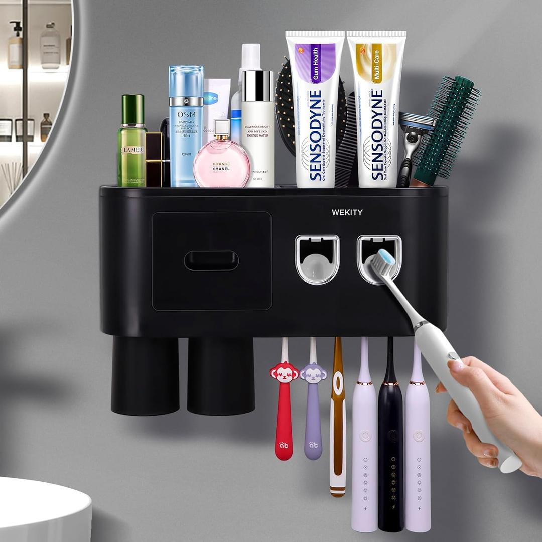 Multifunctional Wall-Mounted Toothbrush Holder, Automatic Toothpaste Dispenser Space Saving Toothbrush and Toothpaste Holder, with 2 Cups and Drawers Cosmetic Organizer (Black 2 Dispensers)