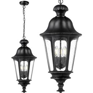 Outdoor Pendant Lights for Porch, HWH 26'' Large Exterior Hanging Light Fixtures with Seeded Glass, Outdoor Hanging Chandelier for Porch Patio Gazebo Hallway, Matte Black Finish, 5HW90H-L BK