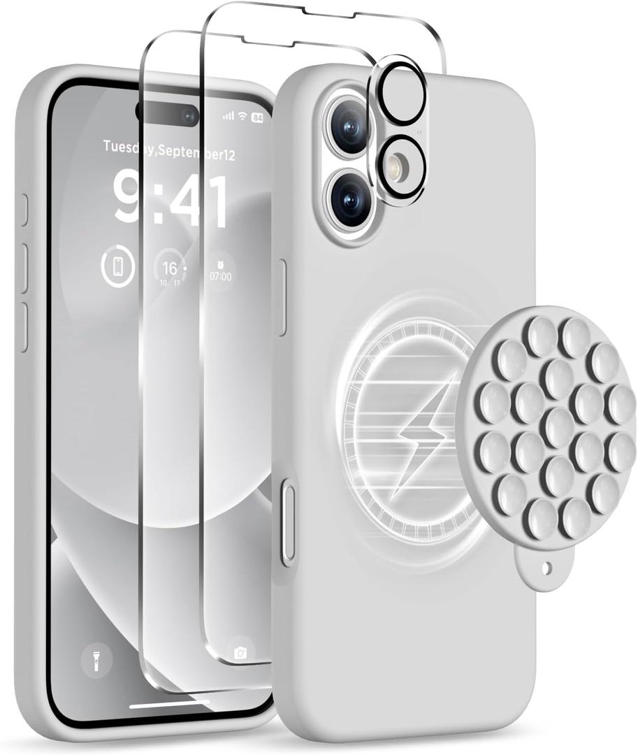 Magnetic for iPhone 16 Plus Case, Compatible with Magsafe, Suction Cup Phone Mount - 2 Screen Protectors - Camera Lens Protector, Silicone Shockproof Protective Phone Cover 6.7", Light Gray