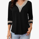 Womens Tops 3/4 Sleeve Shirts Casual Lace V Neck Blouses Loose Fit Dressy Basic T-Shirt, Size Small, Black 
