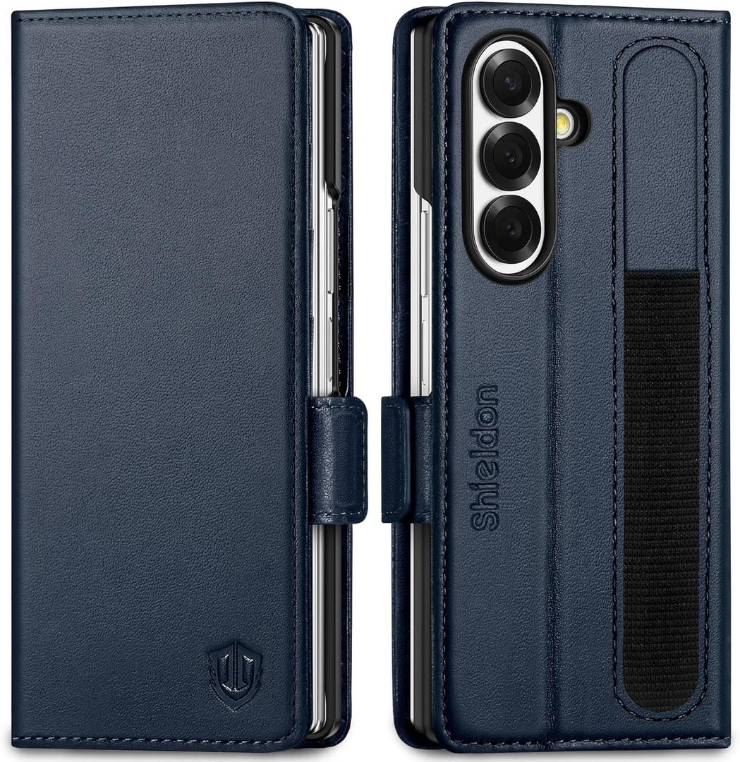 SHIELDON Wallet Case for Galaxy Z Fold7 8.0" 2025, Genuine Leather Folio Z Fold7 Case, Stand Function, RFID Blocking Card Slot Shock-Absorbent Compatible with Galaxy Z Fold 7 - Navy Blue