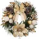 24 Champagne Christmas Wreaths for Front Door with Magnolia Fake Pearl, Christmas Door Wreath with Bow Golden Balls, Pine Needles Pine Cones for Home Wall Window Indoor Outdoor Xmas & Holiday Decor