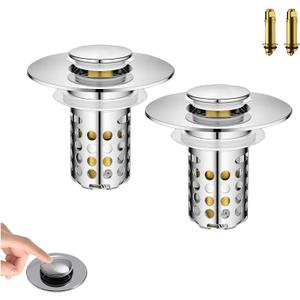 Universal Pop-Up Bathroom Sink Stopper, Stainless Steel Drain Strainer with Removable Filter Basket for 1.1"-2.36" Basin, Push-to-Bounce Core, Bathroom Sink Plug, Hair Catcher, 2 Pack