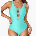 Aqua Eve Women Sexy One Piece Swimsuits Plunge Deep V Neck Cutout Bathing Suits, Lake Blue, XL