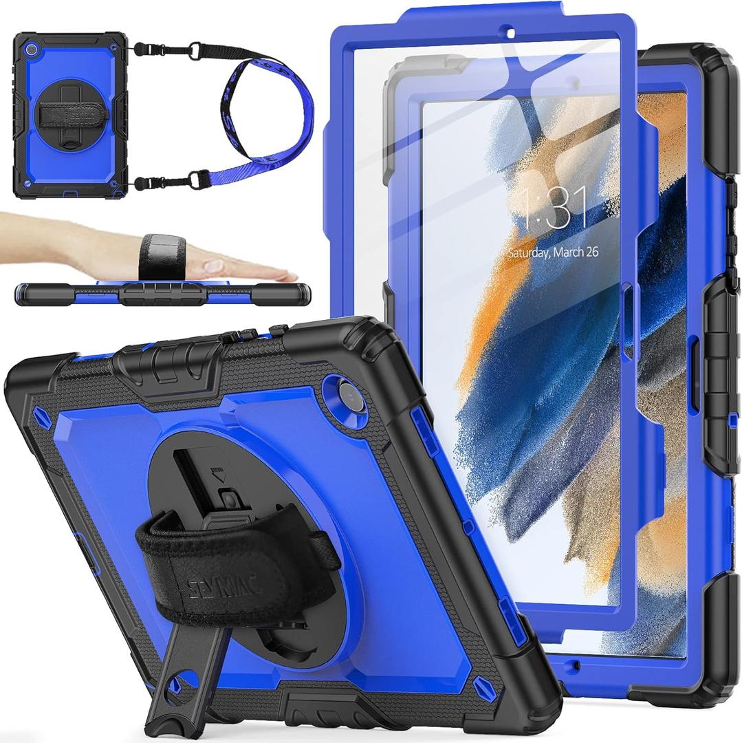 SEYMAC stock Case for Samsung Galaxy Tab A8 10.5'', Full-Body Drop Protection Case with Screen Protector Pencil Holder [360 Rotating Hand Strap] &Stand, Blue+Black