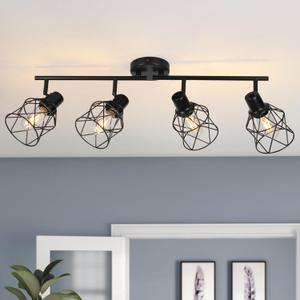WILON Track Lighting Fixtures Ceiling 4-Light Flush Mount Ceiling Spot Lights, Industrial Track Light Black Kitchen Light Fixtures Rotatable Spotlight for Kitchen Hallway Living Room (E26 Base)