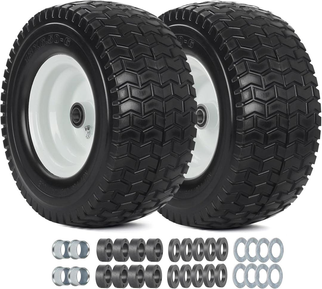 13x6.50-6 Tire and Wheel, 13x6.5-6" Flat-free Lawn Mower Tires, 3-6.5 Centered Hub, 3/4" or 5/8" Bearing, Universal Fit Garden Tractor Front Wheels, 4 Ply, V-Turf Pattern, 2 Pack (13x6.50-6 Flat Free (Turf Tread))