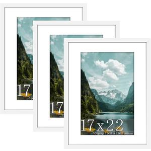 Picrit 17x22 Picture Frame 3 Pack, White Poster Frame, Display Poster 12 x 18 with Mat or 17 x 22 without Mat for Horizontal or Vertical Wall Mounting