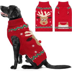 Christmas Dog Turtleneck Sweater Winter Reindeer Snowflake Sweater with Leash Hole Puppy Knitwear Pullover Holiday Sweaters for Small Medium Large Dogs XXL