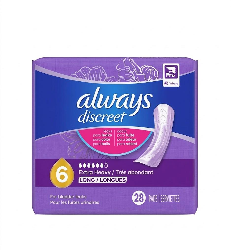 Always Discreet Adult Incontinence Pads for Women, Heavy Absorbency, Long Length, Postpartum Pads, 84 Count (3 Packs of 28)