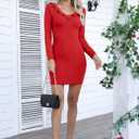 Valiamcep Women's Mini Dress V Neck Ruffle Long Sleeve Ribbed Slim Fitted Bodycon Pencil Dresses (Red, S)