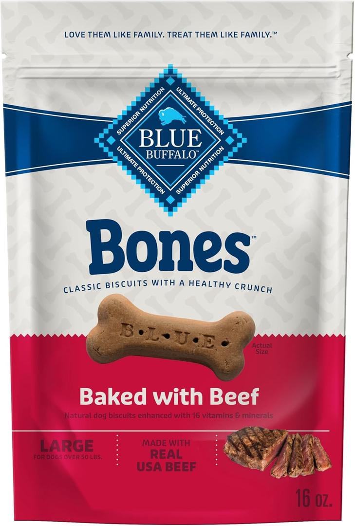 Blue Buffalo Bones Natural Crunchy Dog Treats Large Dog Biscuits Beef, 16oz. Bag, 4 Count, Best By: 2027/Mar/15