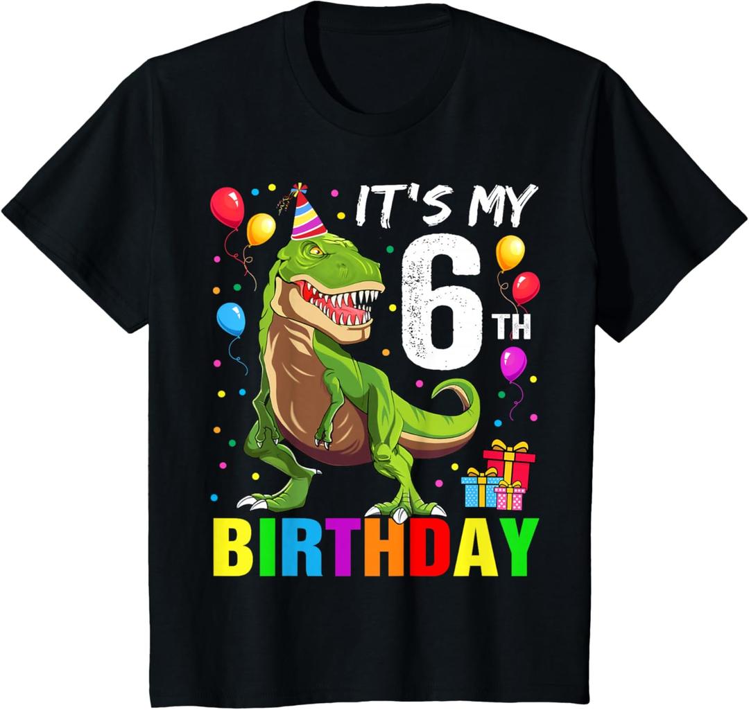 Kids It's My 6th Birthday Happy 6 Year T-Rex Boys T-Shirt, Small
