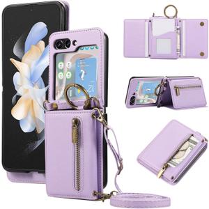 Compatible with Samsung Galaxy Z Flip 6 5G 2024 Wallet Case and Crossbody Shoulder Strap Ring Buckle Hinge Protection Stand Card Holder Phone Cover for ZFlip6 Z6 G Flip6 6Z Women Girls Men Purple