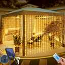Solar Curtain Lights Outdoor Waterproof 10 * 10Ft 300LED Waterfall Light with 8 Modes Remote Rechargeable Dimmable Hanging Twinkle Fairy String Lights for Outside Christmas Gazebo Party Wedding