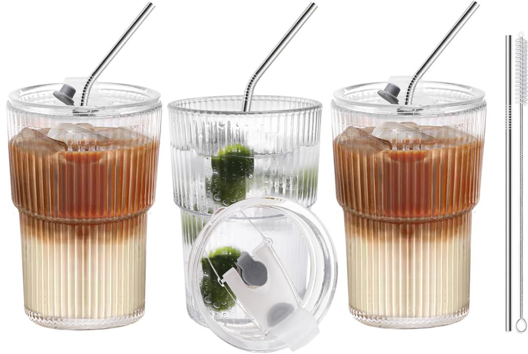 HIGIINC Iced Coffee Cups With Lids and Straws 3 Pcs, 16 OZ Unbreakable Glasses Drinking Set,Clear Plastic Cups Reusable Iced Coffee Tumbler with Lid and Straw, To Go Coffee Cups Dishwasher Safe