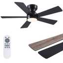 Black Ceiling Fans with Lights - 46" Flush Mount Ceiling Fan with Remote and 5 Reversible Blades, 3CCT Dimmable, 6 Wind Speeds&2H Timer, Indoor Low Profile Fan Light Fixture for Modern Bedroom